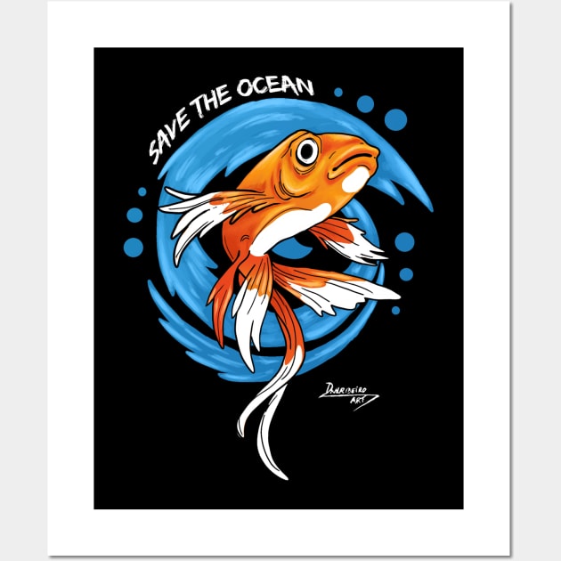 Save the Ocean Orange Fish with Blue Waves - Environment Wall Art by dnlribeiro88